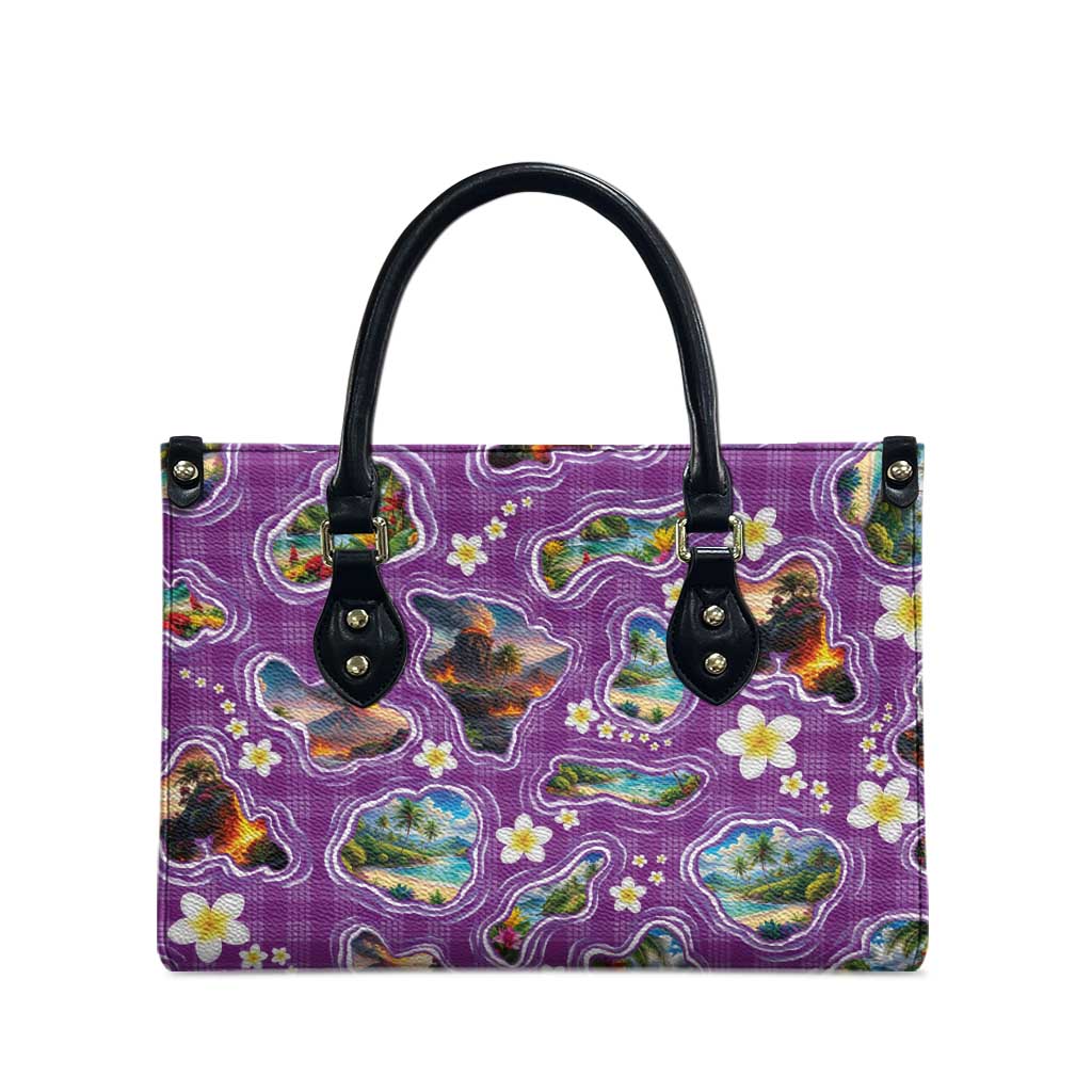 Hawaiian Island Shapes-Iconic Landscape Leather Bag with Plumeria and Palaka Purple Color LT03 - Polynesian Pride