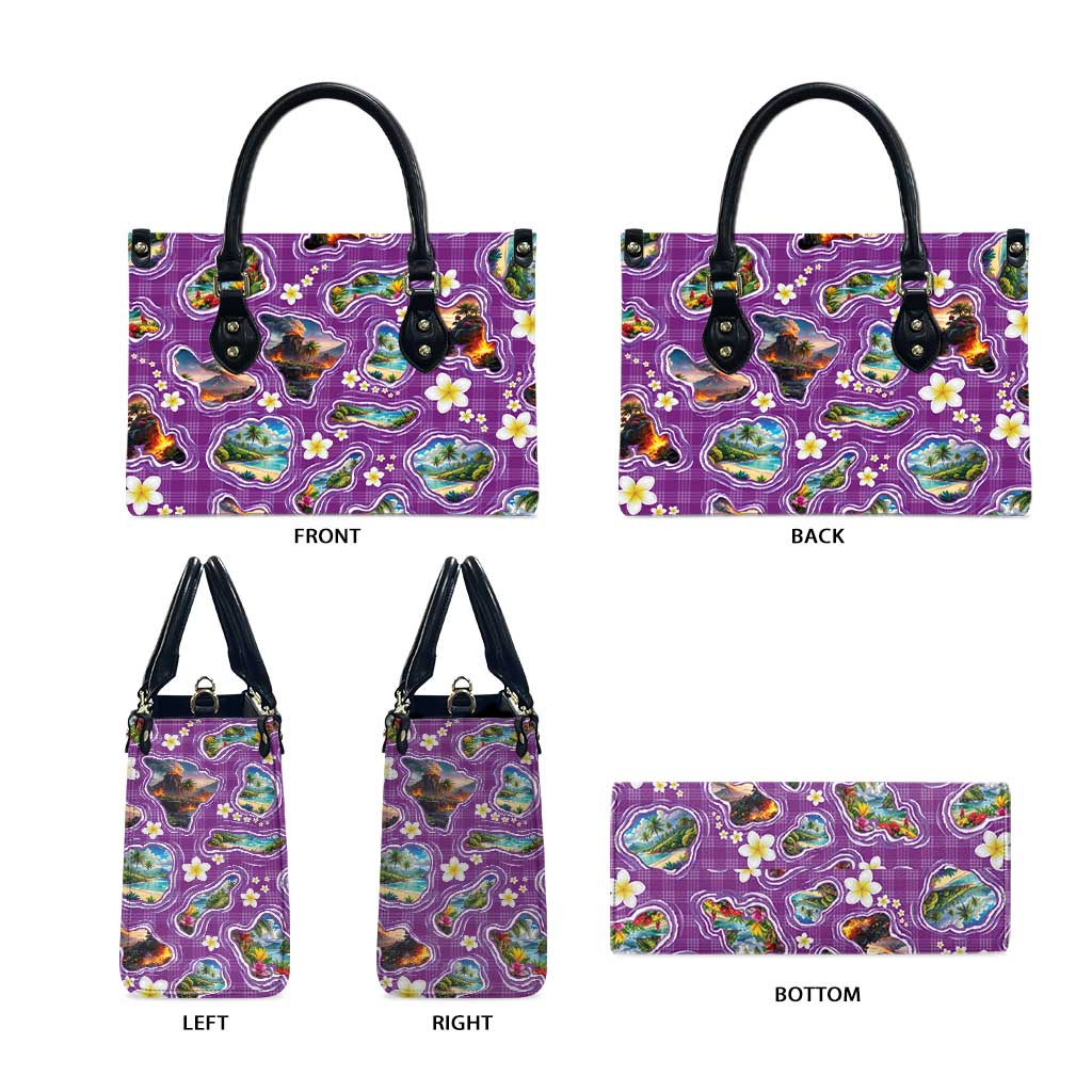 Hawaiian Island Shapes-Iconic Landscape Leather Bag with Plumeria and Palaka Purple Color LT03 - Polynesian Pride