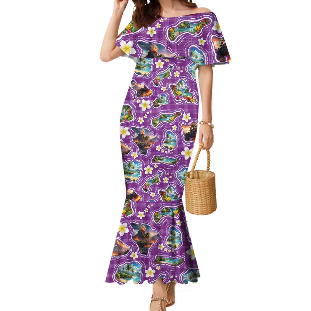 Hawaiian Island Shapes-Iconic Landscape Mermaid Dress with Plumeria and Palaka Purple Color LT03 Women Purple - Polynesian Pride