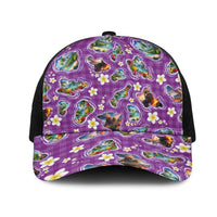 Hawaiian Island Shapes-Iconic Landscape Mesh Trucker Cap with Plumeria and Palaka Purple Color LT03 One Size Black Purple - Polynesian Pride