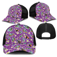 Hawaiian Island Shapes-Iconic Landscape Mesh Trucker Cap with Plumeria and Palaka Purple Color LT03 - Polynesian Pride