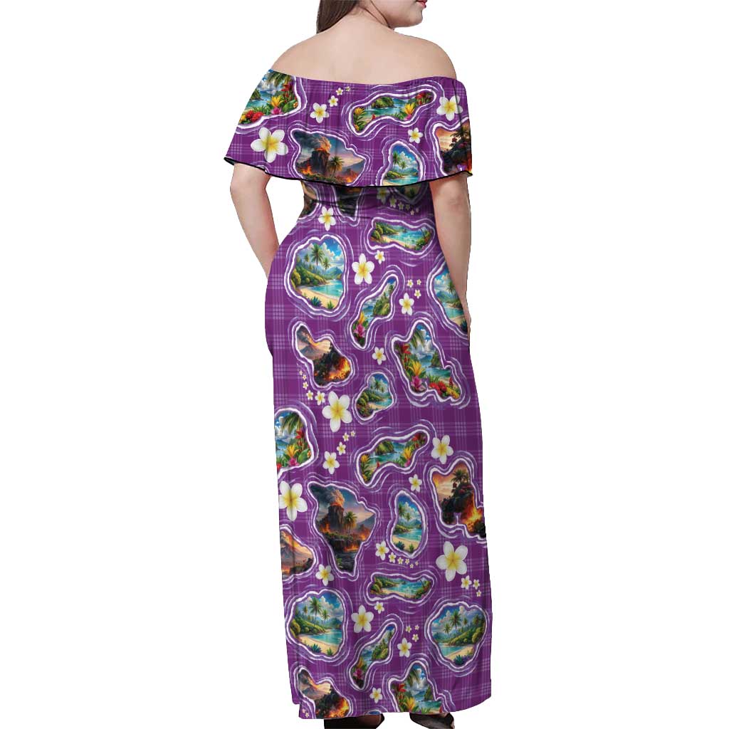 Hawaiian Island Shapes-Iconic Landscape Off Shoulder Maxi Dress with Plumeria and Palaka Purple Color LT03 - Polynesian Pride