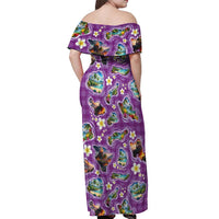 Hawaiian Island Shapes-Iconic Landscape Off Shoulder Maxi Dress with Plumeria and Palaka Purple Color LT03 - Polynesian Pride