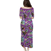 Hawaiian Island Shapes-Iconic Landscape Puletasi with Plumeria and Palaka Purple Color LT03 - Polynesian Pride
