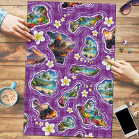 Hawaiian Island Shapes-Iconic Landscape Puzzle with Plumeria and Palaka Purple Color LT03 Purple - Polynesian Pride