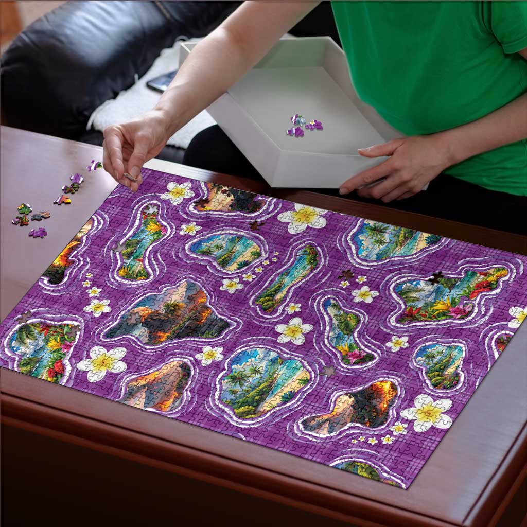 Hawaiian Island Shapes-Iconic Landscape Puzzle with Plumeria and Palaka Purple Color LT03 - Polynesian Pride