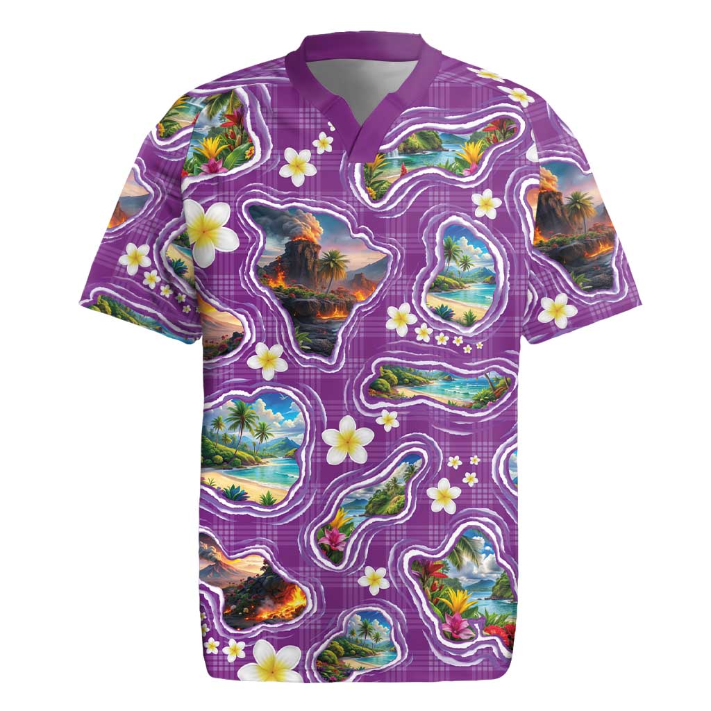 Hawaiian Island Shapes-Iconic Landscape Rugby Jersey with Plumeria and Palaka Purple Color