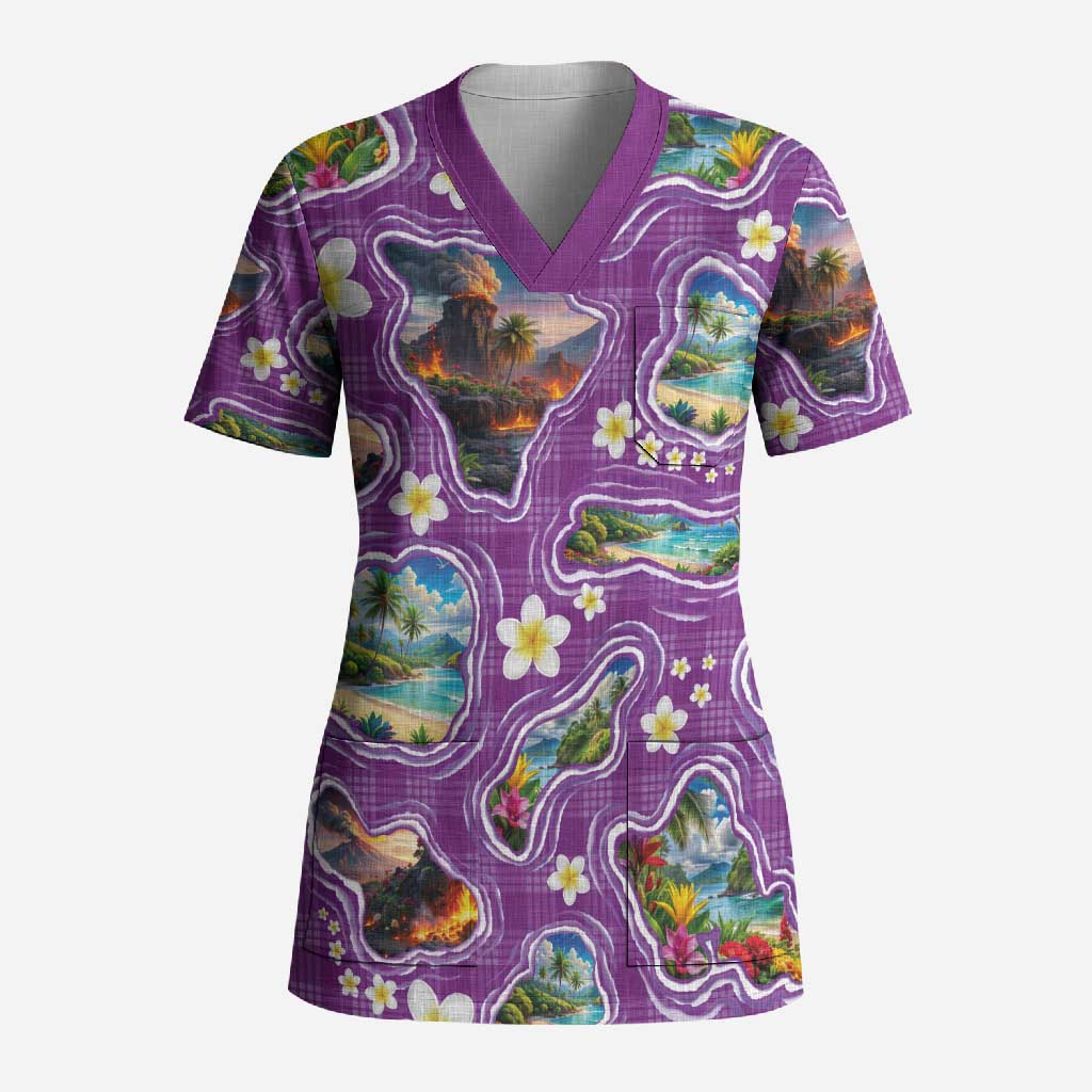 Hawaiian Island Shapes-Iconic Landscape Scrub Top with Plumeria and Palaka Purple Color LT03 Adult Purple - Polynesian Pride