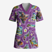 Hawaiian Island Shapes-Iconic Landscape Scrub Top with Plumeria and Palaka Purple Color LT03 Adult Purple - Polynesian Pride