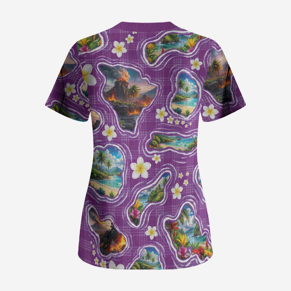 Hawaiian Island Shapes-Iconic Landscape Scrub Top with Plumeria and Palaka Purple Color LT03 - Polynesian Pride