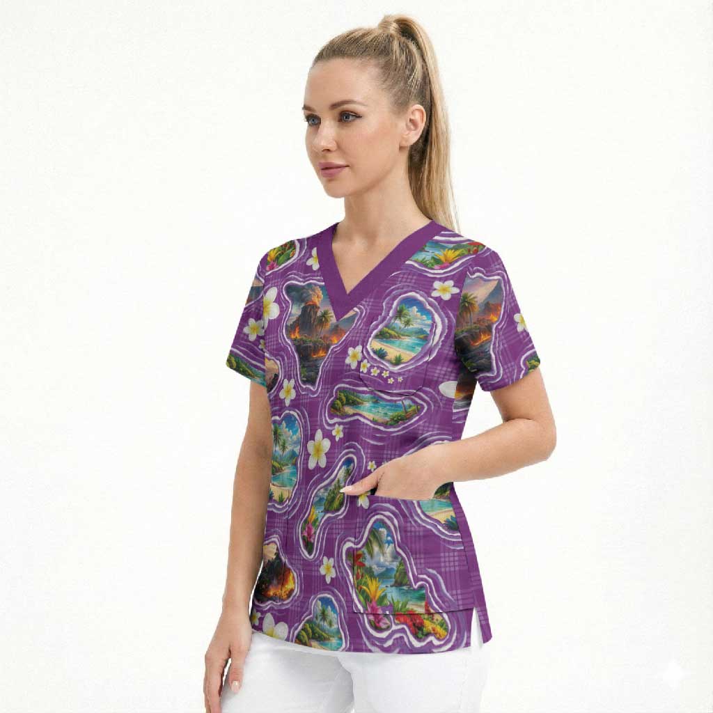 Hawaiian Island Shapes-Iconic Landscape Scrub Top with Plumeria and Palaka Purple Color LT03 - Polynesian Pride