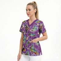 Hawaiian Island Shapes-Iconic Landscape Scrub Top with Plumeria and Palaka Purple Color LT03 - Polynesian Pride