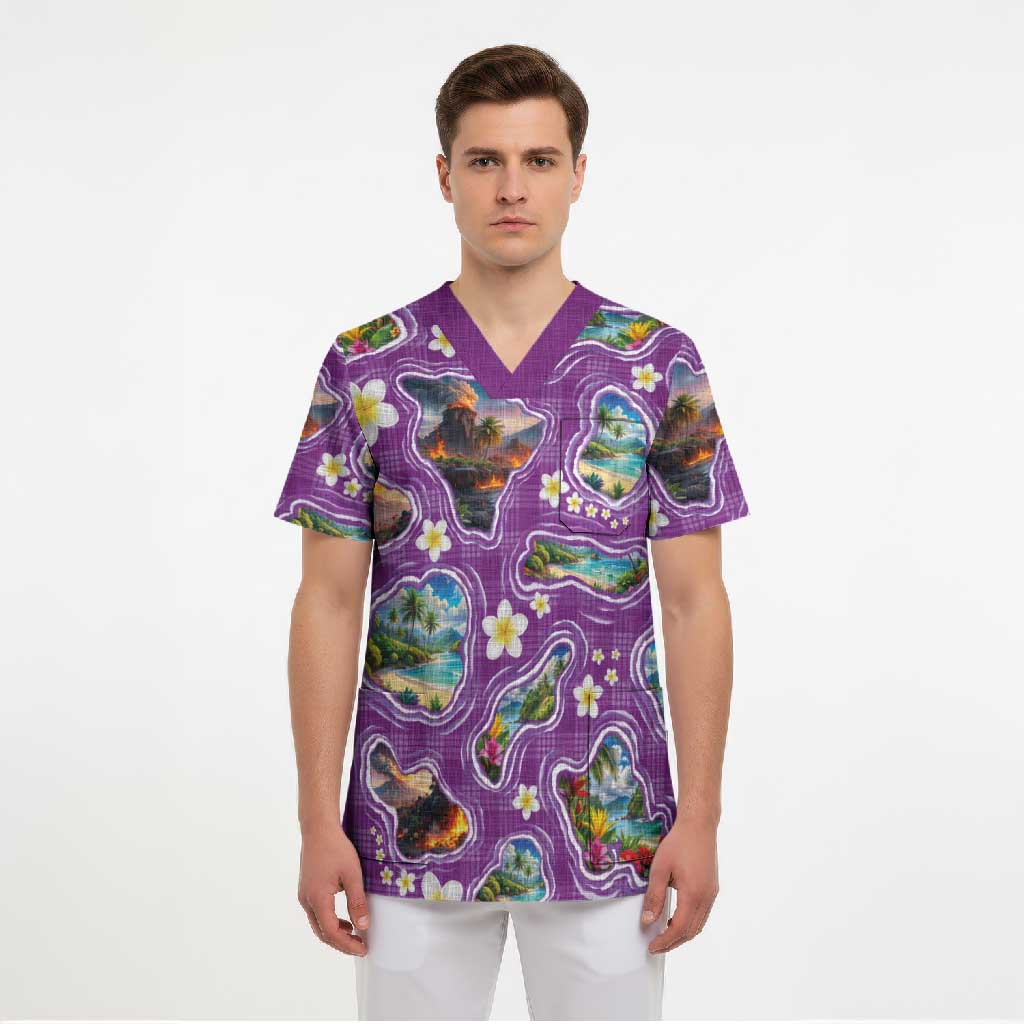Hawaiian Island Shapes-Iconic Landscape Scrub Top with Plumeria and Palaka Purple Color LT03 - Polynesian Pride