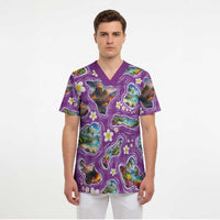 Hawaiian Island Shapes-Iconic Landscape Scrub Top with Plumeria and Palaka Purple Color LT03 - Polynesian Pride
