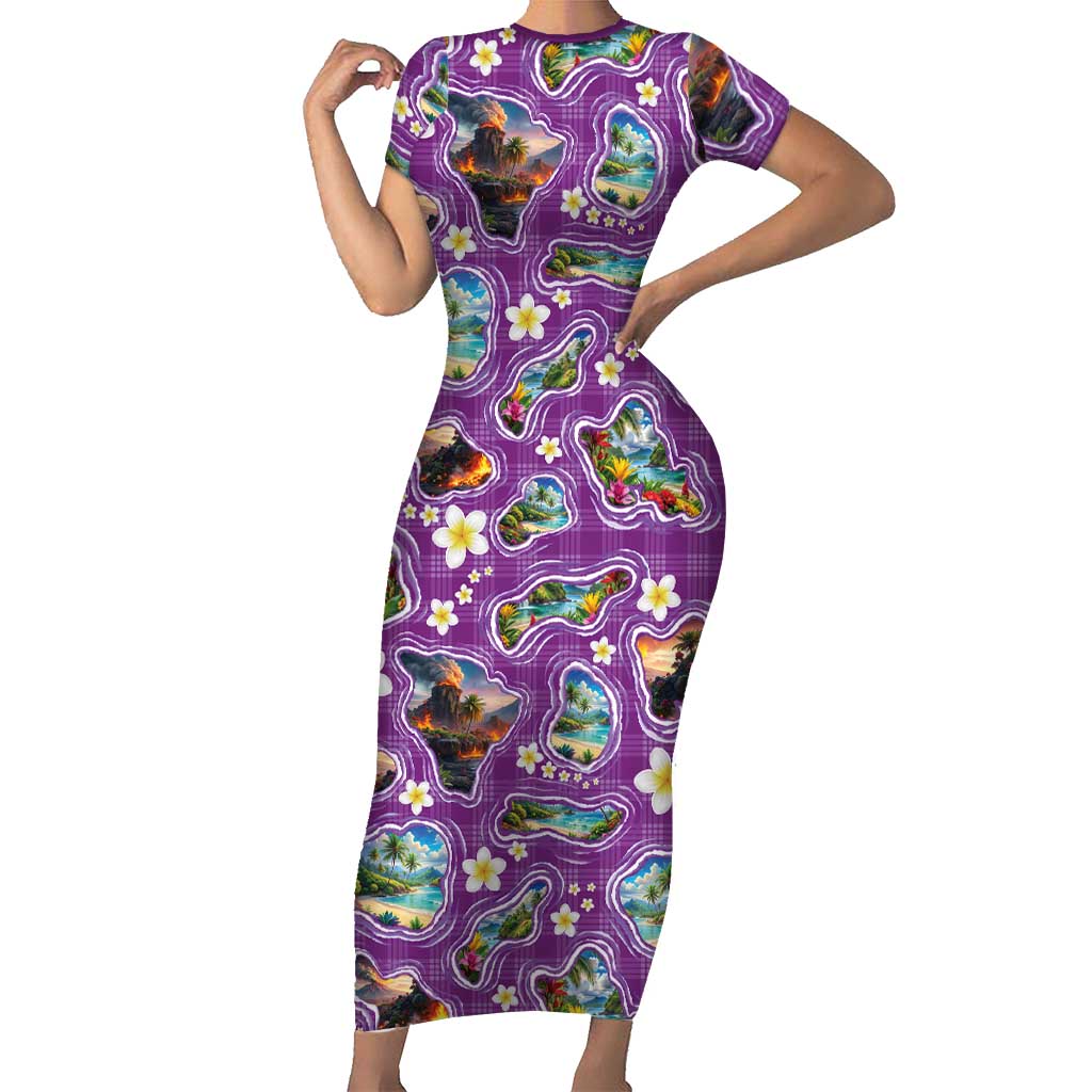 Hawaiian Island Shapes-Iconic Landscape Short Sleeve Bodycon Dress with Plumeria and Palaka Purple Color LT03 Long Dress Purple - Polynesian Pride