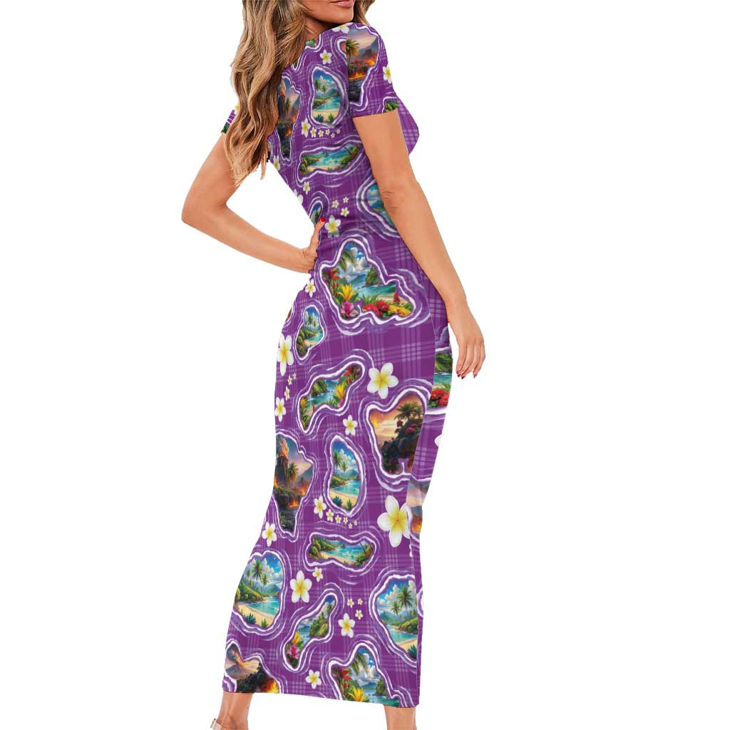 Hawaiian Island Shapes-Iconic Landscape Short Sleeve Bodycon Dress with Plumeria and Palaka Purple Color LT03 - Polynesian Pride