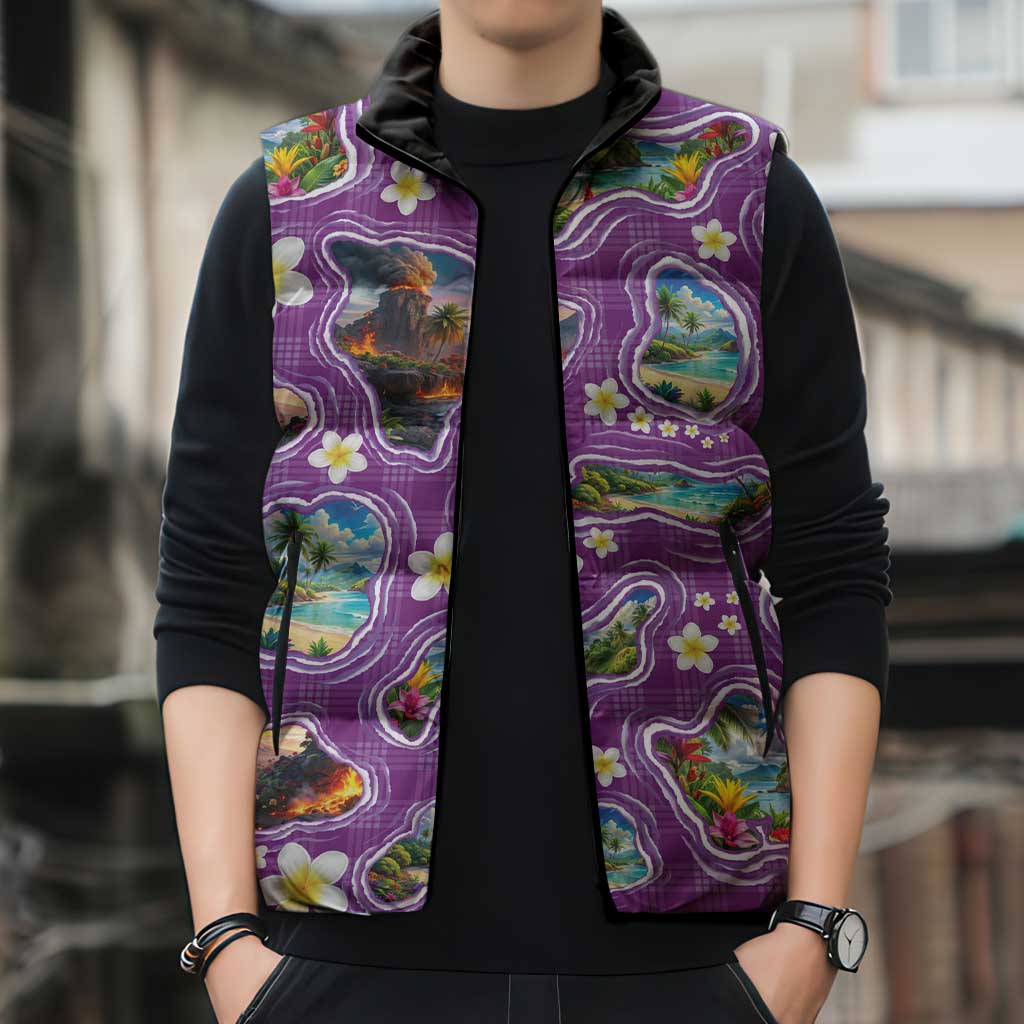 Hawaiian Island Shapes-Iconic Landscape Sleeveless Puffer Jacket with Plumeria and Palaka Purple Color LT03 - Polynesian Pride