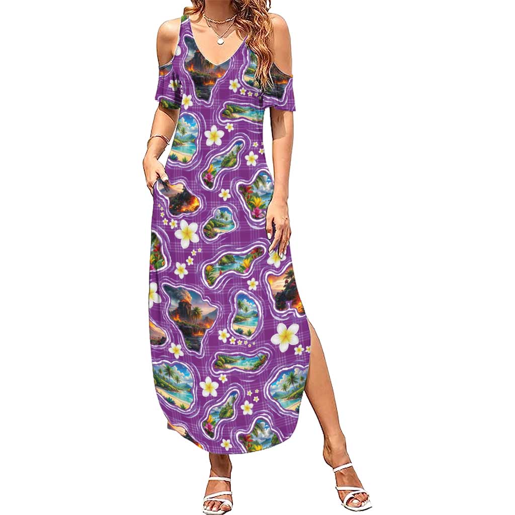Hawaiian Island Shapes-Iconic Landscape Summer Maxi Dress with Plumeria and Palaka Purple Color LT03 Women Purple - Polynesian Pride