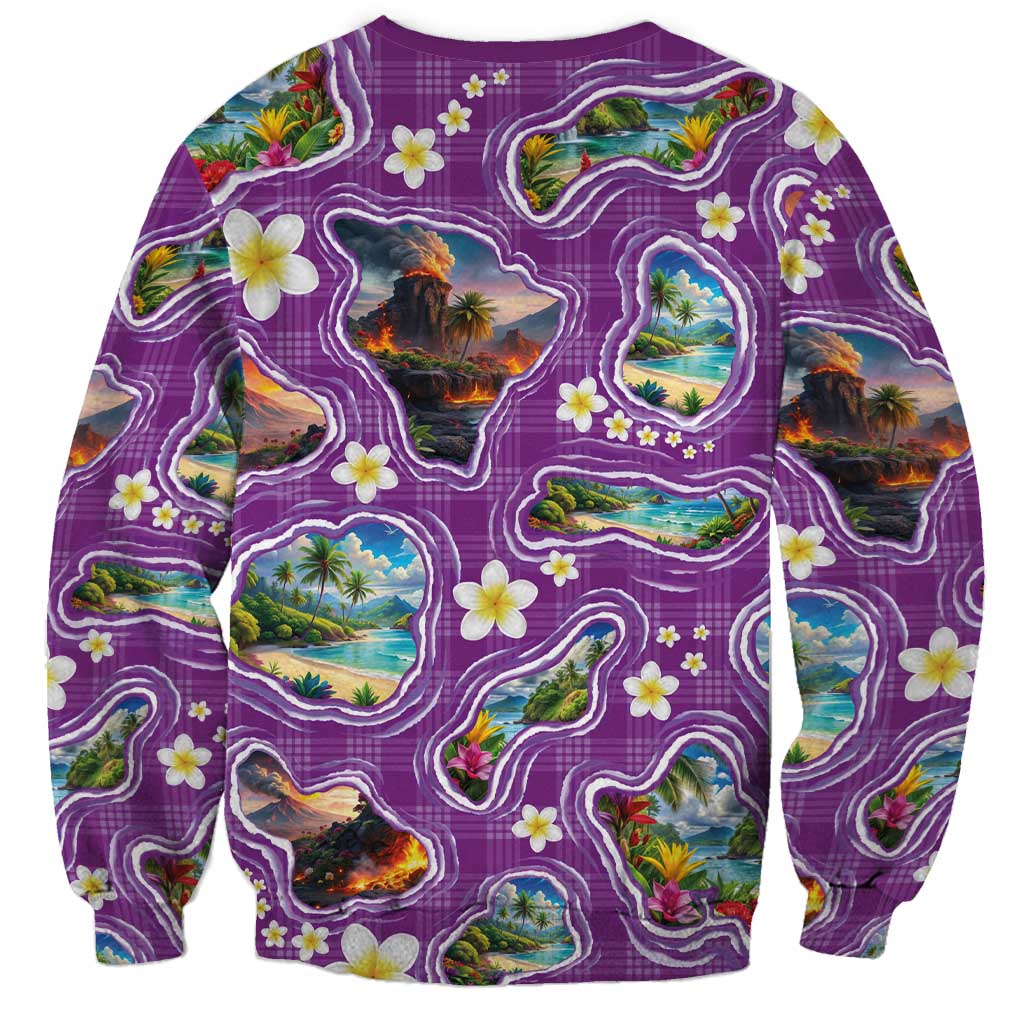 Hawaiian Island Shapes-Iconic Landscape Sweatshirt with Plumeria and Palaka Purple Color LT03 - Polynesian Pride