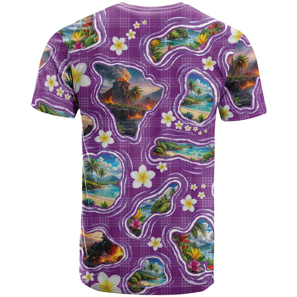 Hawaiian Island Shapes-Iconic Landscape T Shirt with Plumeria and Palaka Purple Color LT03 - Polynesian Pride