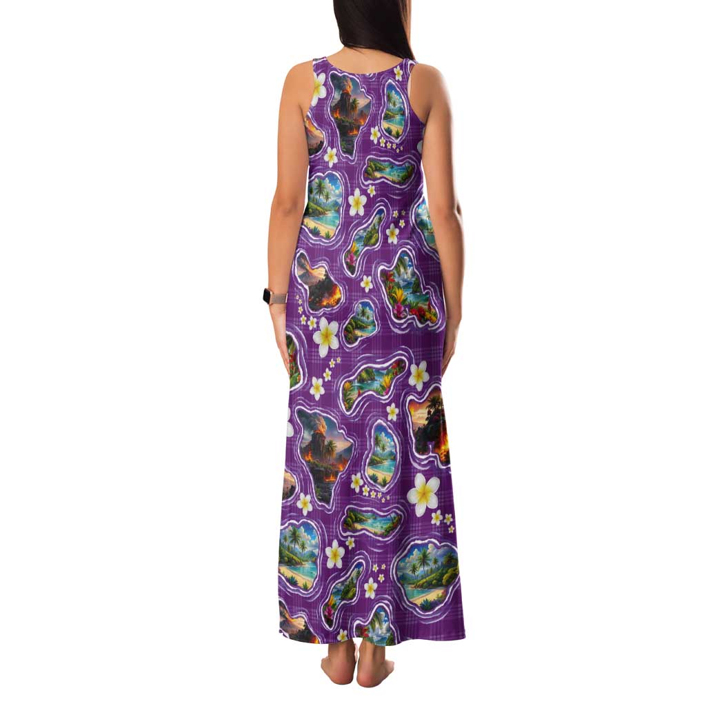 Hawaiian Island Shapes-Iconic Landscape Tank Maxi Dress with Plumeria and Palaka Purple Color LT03 - Polynesian Pride