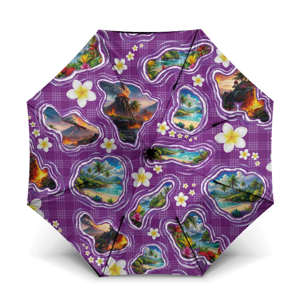 Hawaiian Island Shapes-Iconic Landscape Umbrella with Plumeria and Palaka Purple Color LT03 One Size Folded 11.42 inch Opened Diameter 37.4 inch Purple - Polynesian Pride