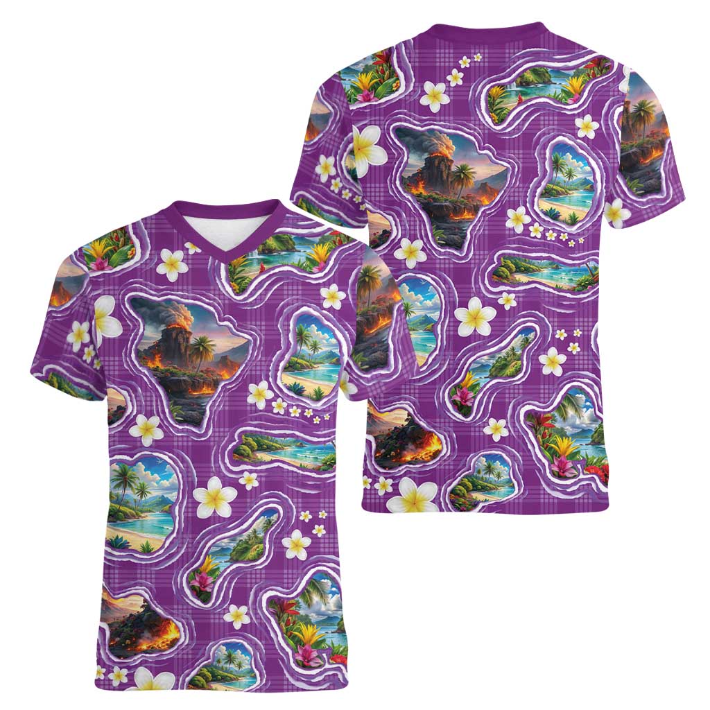 Hawaiian Island Shapes-Iconic Landscape Women V-Neck T-Shirt with Plumeria and Palaka Purple Color LT03 - Polynesian Pride