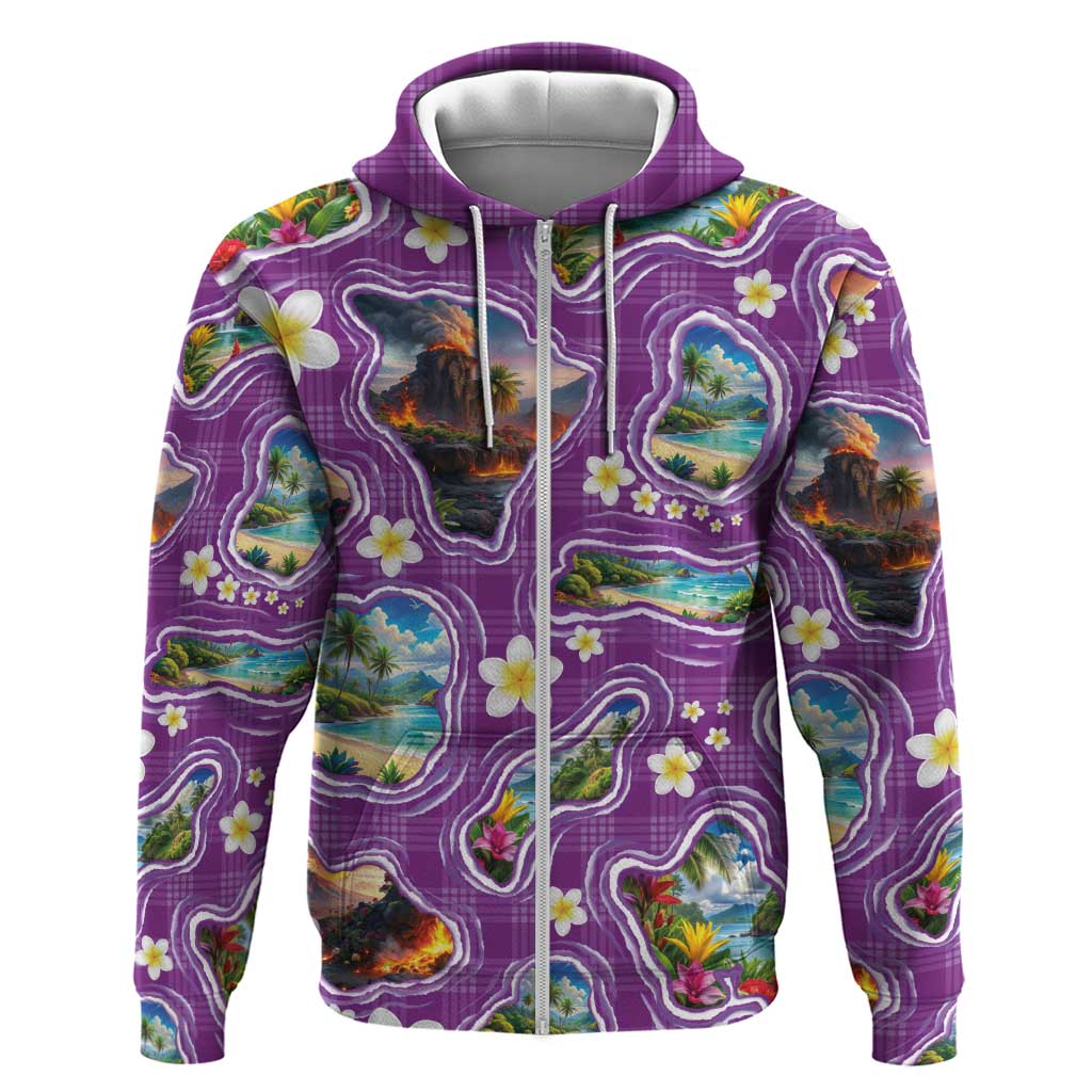 Hawaiian Island Shapes-Iconic Landscape Zip Hoodie with Plumeria and Palaka Purple Color
