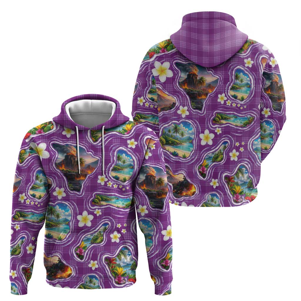 Hawaiian Island Shapes-Iconic Landscape Zip Hoodie with Plumeria and Palaka Purple Color LT03 - Polynesian Pride