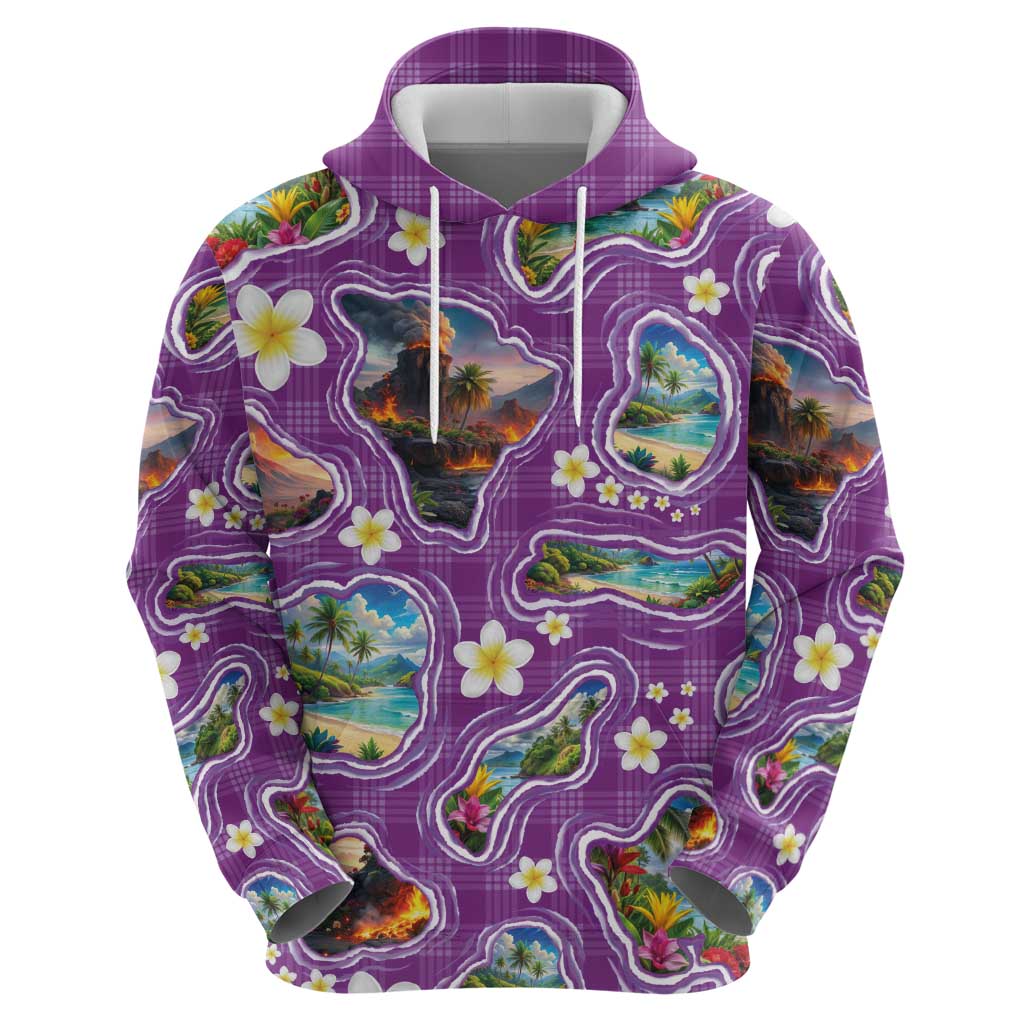 Hawaiian Island Shapes-Iconic Landscape Zip Hoodie with Plumeria and Palaka Purple Color LT03 - Polynesian Pride