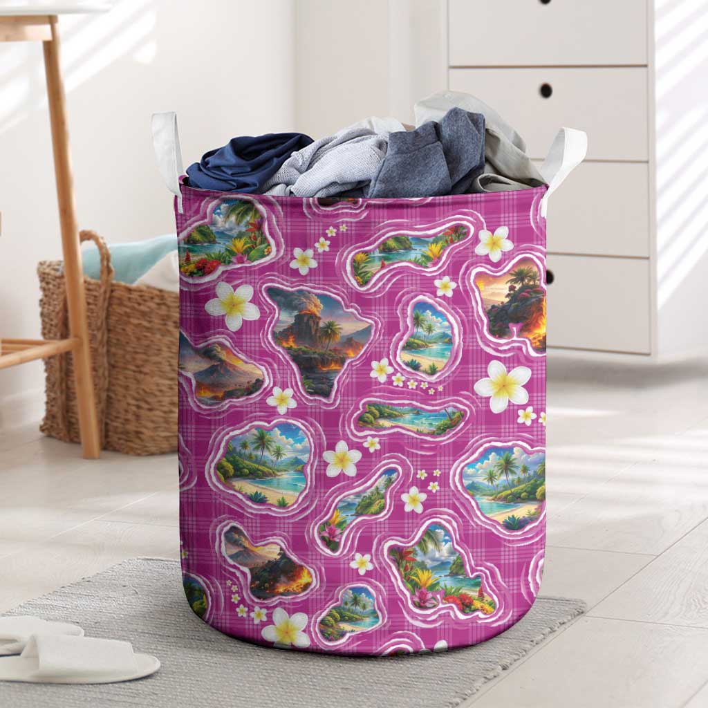 Hawaiian Island Shapes-Iconic Landscape Laundry Basket with Plumeria and Palaka Pink Color LT03 Pink - Polynesian Pride