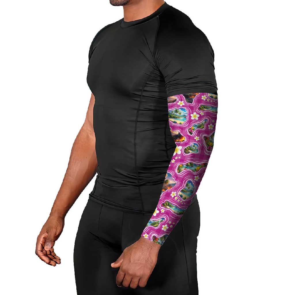 Hawaiian Island Shapes-Iconic Landscape Arm Sleeves with Plumeria and Palaka Pink Color LT03 - Polynesian Pride