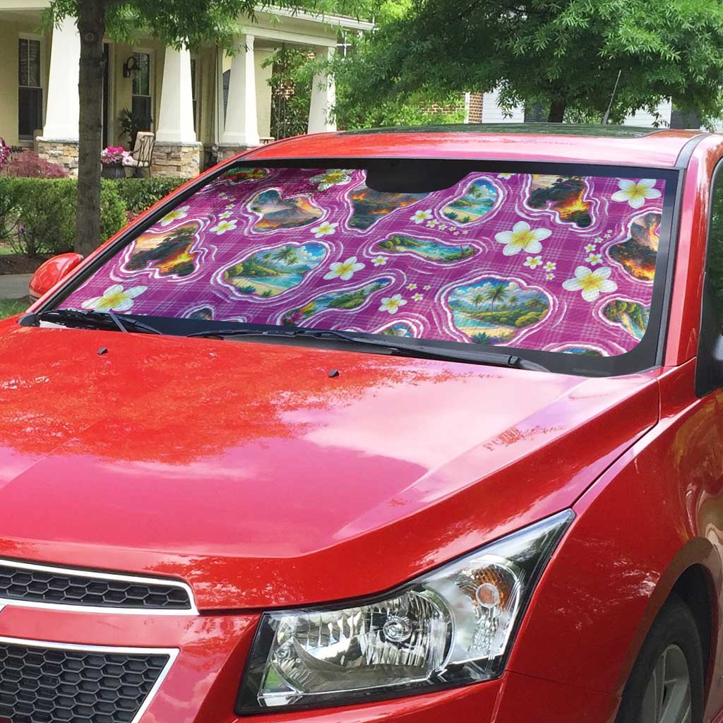 Hawaiian Island Shapes-Iconic Landscape Auto Sun Shade with Plumeria and Palaka Pink Color LT03 - Polynesian Pride