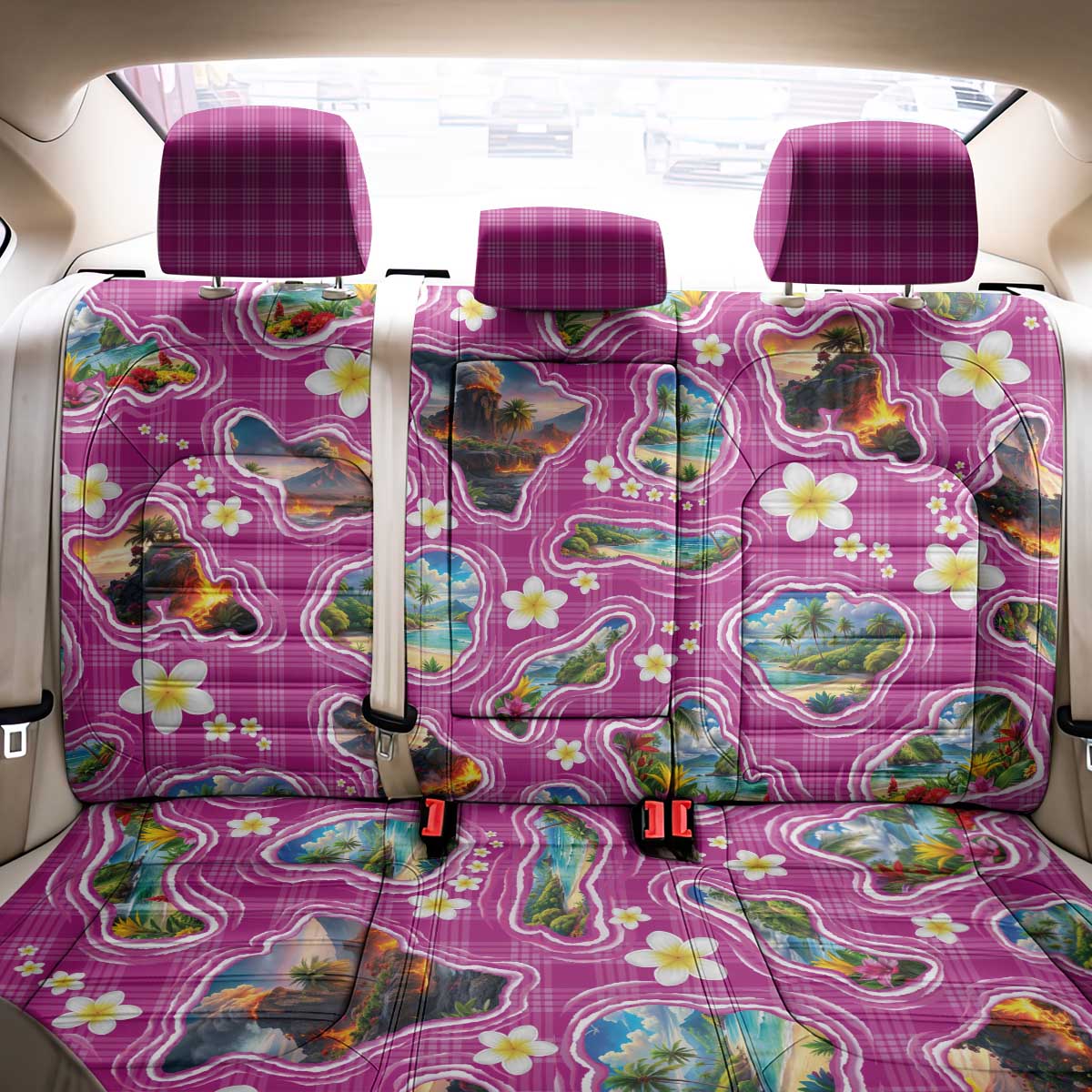 Hawaiian Island Shapes-Iconic Landscape Back Car Seat Cover with Plumeria and Palaka Pink Color LT03 - Polynesian Pride