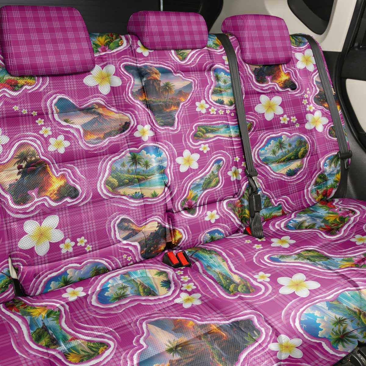 Hawaiian Island Shapes-Iconic Landscape Back Car Seat Cover with Plumeria and Palaka Pink Color LT03 - Polynesian Pride