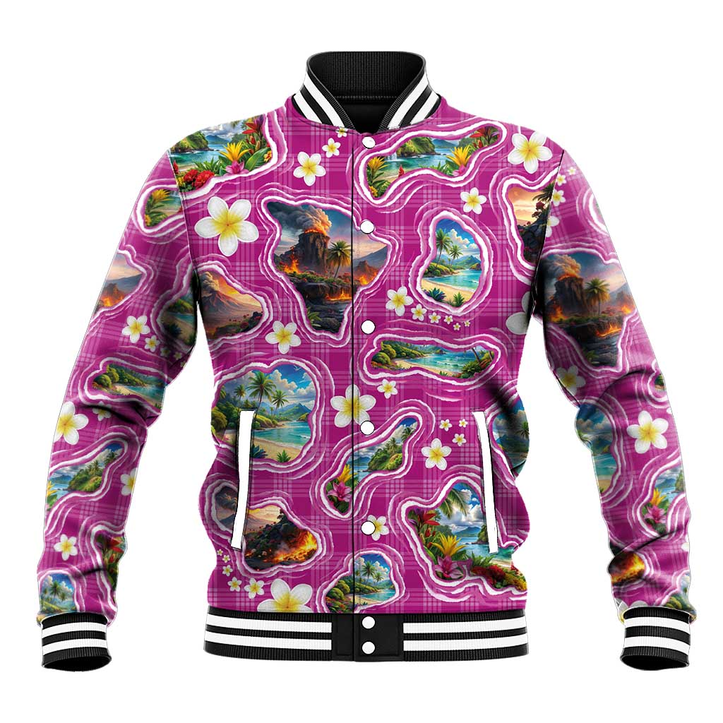 Hawaiian Island Shapes-Iconic Landscape Baseball Jacket with Plumeria and Palaka Pink Color LT03 Unisex Pink - Polynesian Pride