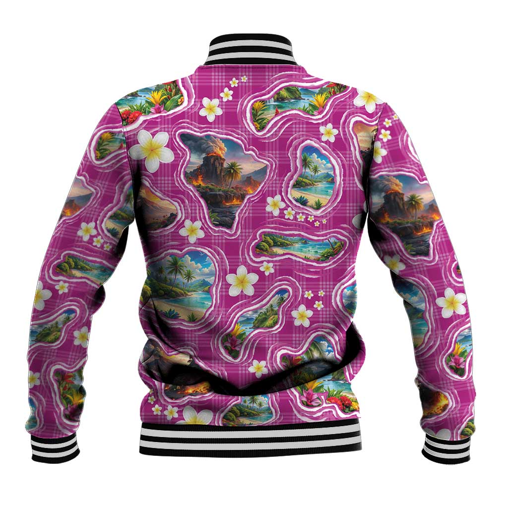 Hawaiian Island Shapes-Iconic Landscape Baseball Jacket with Plumeria and Palaka Pink Color LT03 - Polynesian Pride