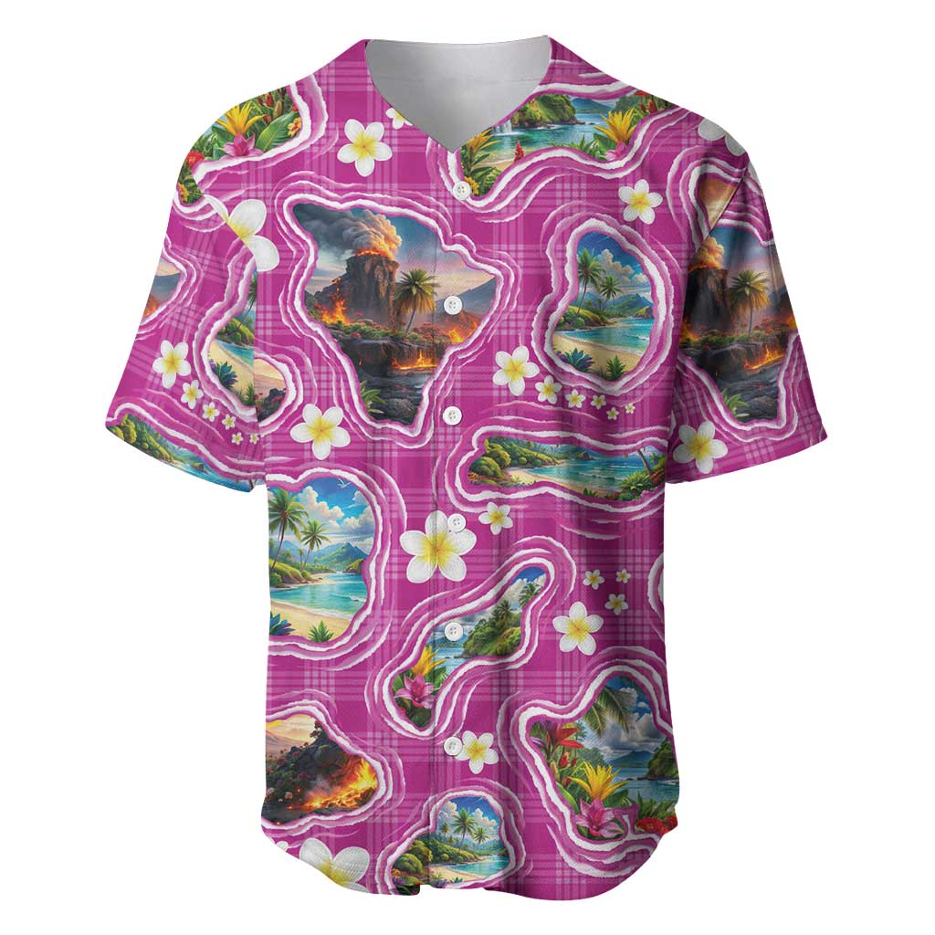 Hawaiian Island Shapes-Iconic Landscape Baseball Jersey with Plumeria and Palaka Pink Color LT03 Pink - Polynesian Pride