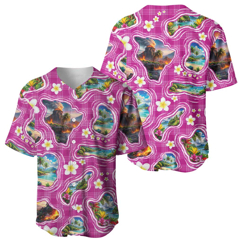 Hawaiian Island Shapes-Iconic Landscape Baseball Jersey with Plumeria and Palaka Pink Color LT03 - Polynesian Pride