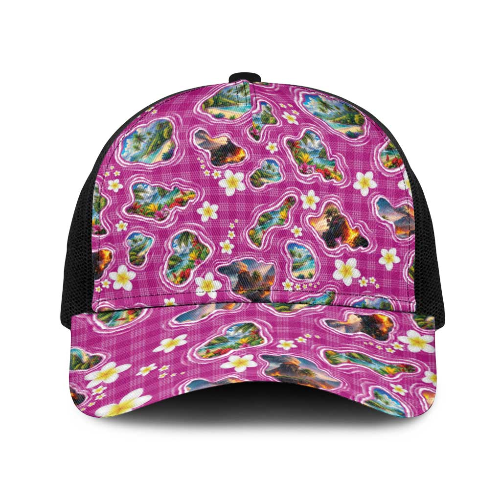 Hawaiian Island Shapes-Iconic Landscape Baseball Net Cap with Plumeria and Palaka Pink Color LT03 One Size Black Pink - Polynesian Pride