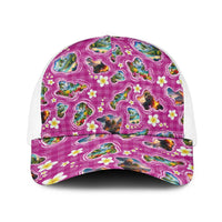 Hawaiian Island Shapes-Iconic Landscape Baseball Net Cap with Plumeria and Palaka Pink Color LT03 One Size White Pink - Polynesian Pride