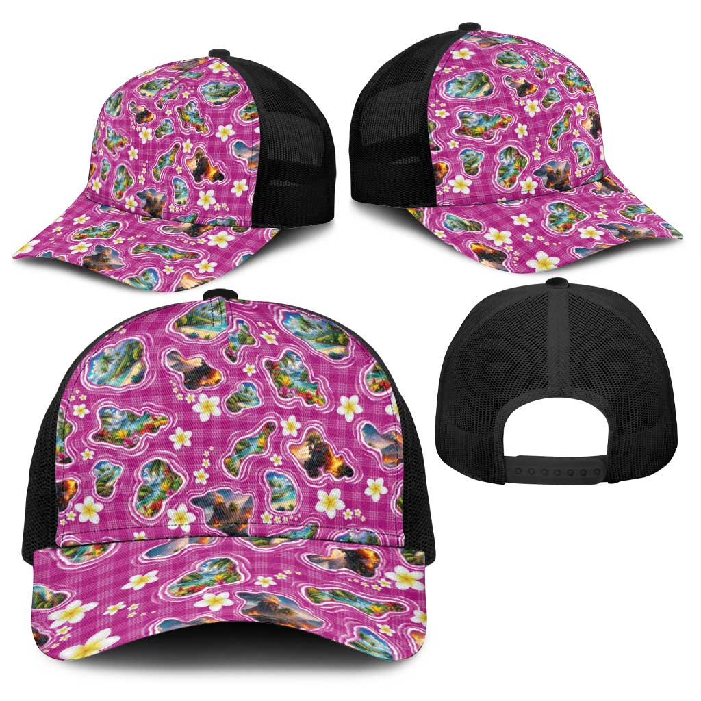 Hawaiian Island Shapes-Iconic Landscape Baseball Net Cap with Plumeria and Palaka Pink Color LT03 - Polynesian Pride