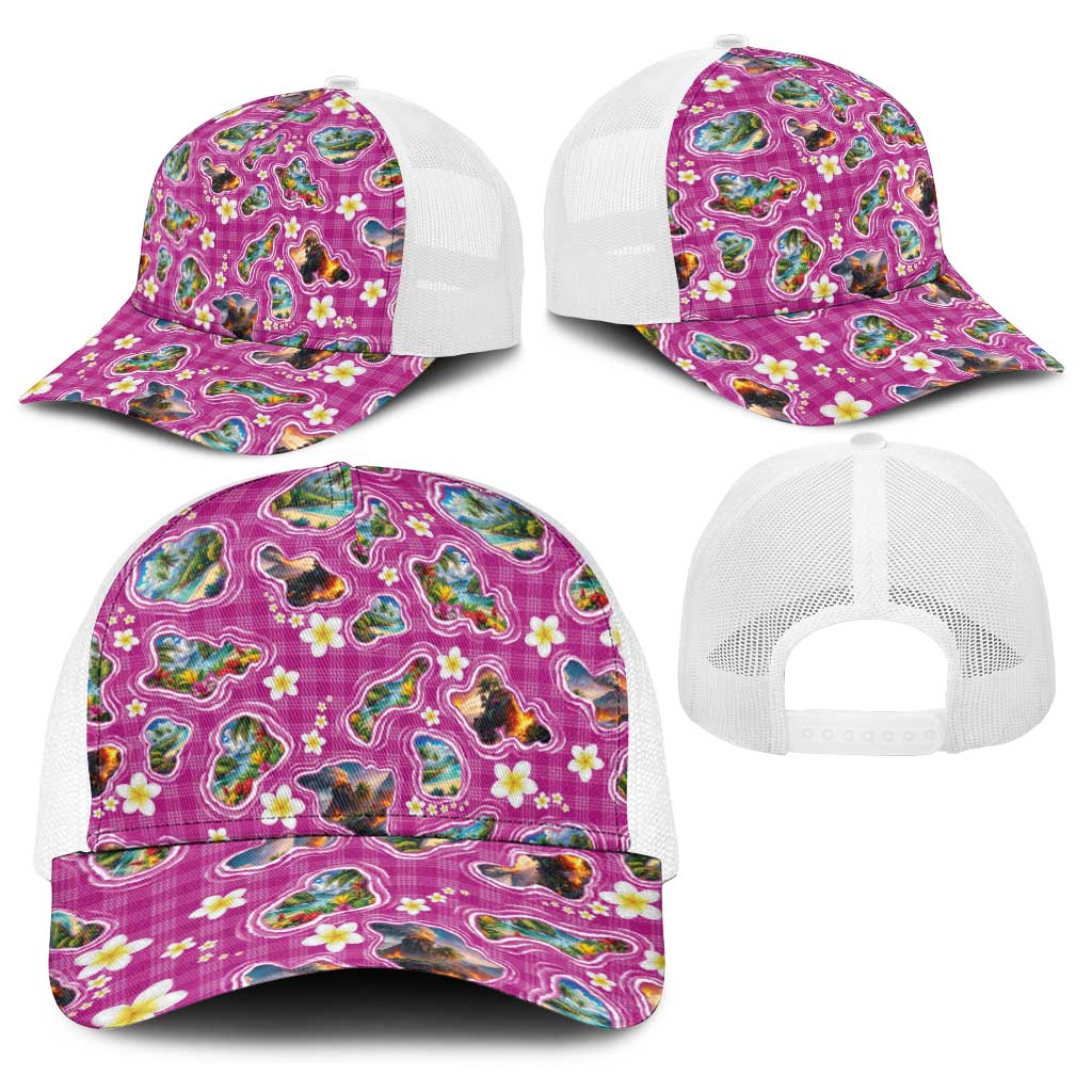 Hawaiian Island Shapes-Iconic Landscape Baseball Net Cap with Plumeria and Palaka Pink Color LT03 - Polynesian Pride