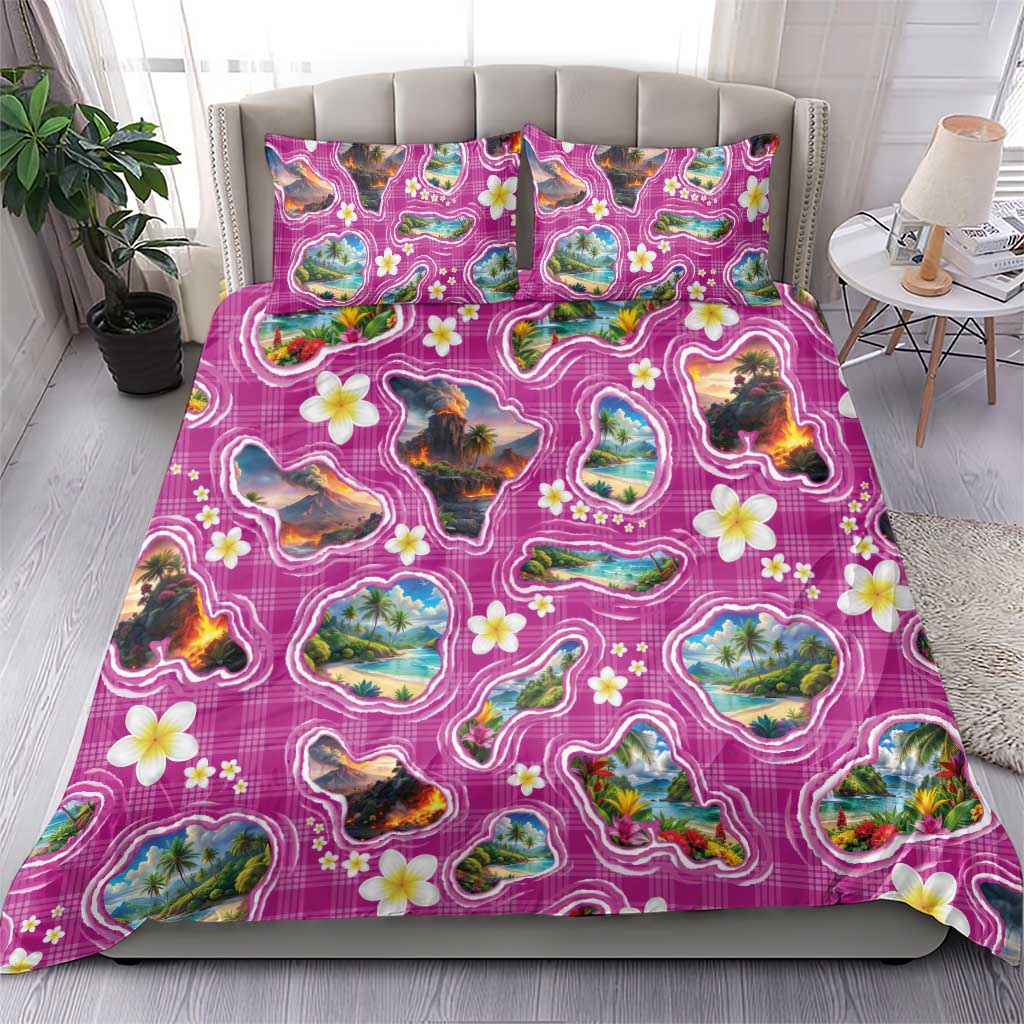 Hawaiian Island Shapes-Iconic Landscape Bedding Set with Plumeria and Palaka Pink Color LT03 - Polynesian Pride