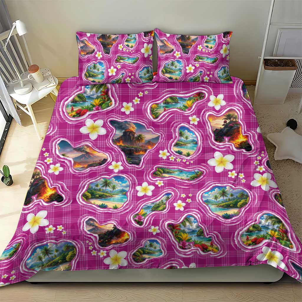 Hawaiian Island Shapes-Iconic Landscape Bedding Set with Plumeria and Palaka Pink Color LT03 - Polynesian Pride