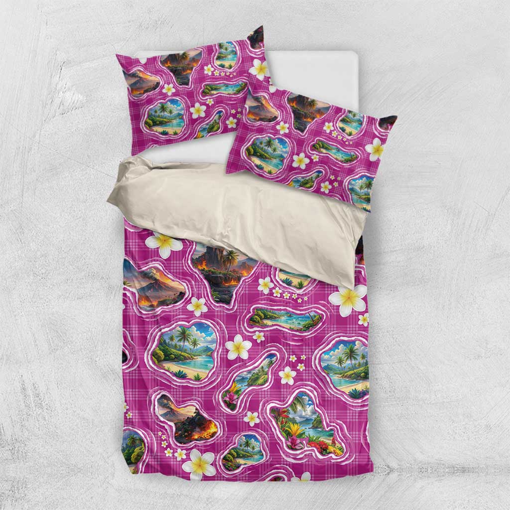 Hawaiian Island Shapes-Iconic Landscape Bedding Set with Plumeria and Palaka Pink Color LT03 US Twin 172cm x 218cm Pink - Polynesian Pride