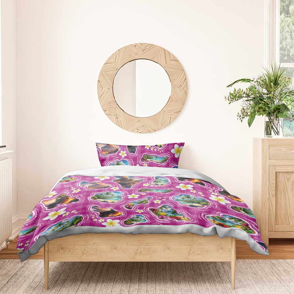 Hawaiian Island Shapes-Iconic Landscape Bedding Set with Plumeria and Palaka Pink Color LT03 - Polynesian Pride