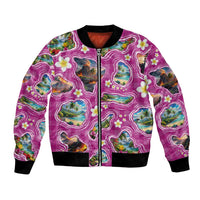 Hawaiian Island Shapes-Iconic Landscape Bomber Jacket with Plumeria and Palaka Pink Color LT03 Unisex Pink - Polynesian Pride