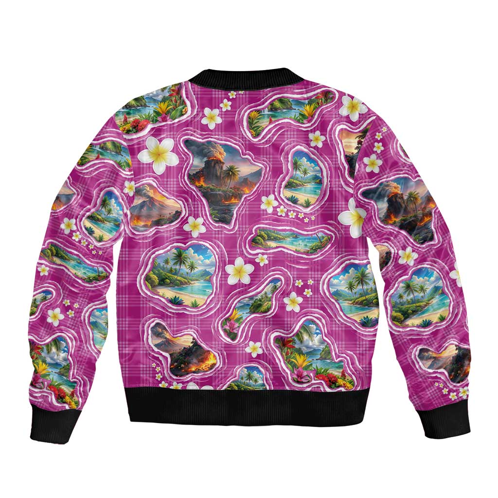 Hawaiian Island Shapes-Iconic Landscape Bomber Jacket with Plumeria and Palaka Pink Color LT03 - Polynesian Pride