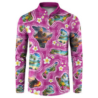 Hawaiian Island Shapes-Iconic Landscape Button Sweatshirt with Plumeria and Palaka Pink Color LT03 Pink - Polynesian Pride